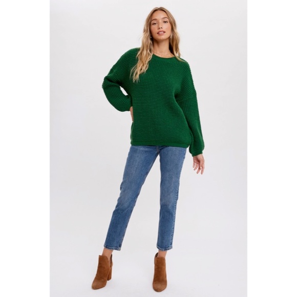SOLD OUT Forest Green Waffle Knit Pullover Chunky Wide Puff Sleeve Casual - Picture 6 of 8
